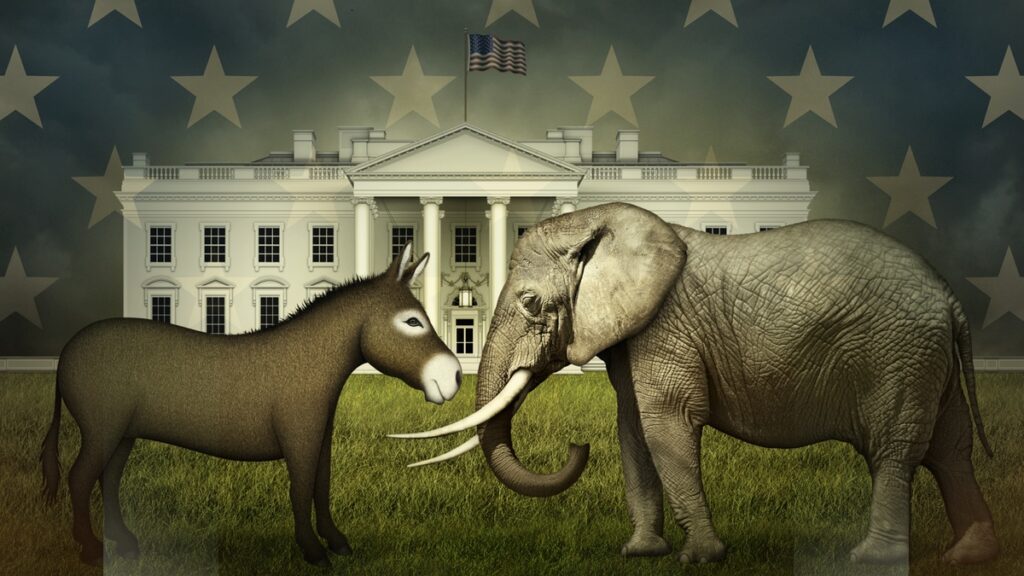 Donkey and elephant in front of the White House.