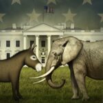 Donkey and elephant in front of the White House.
