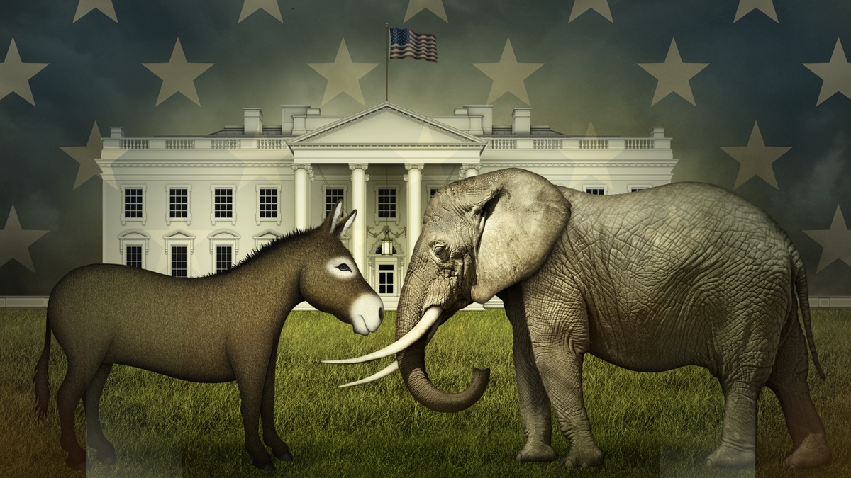 Donkey and elephant in front of the White House.